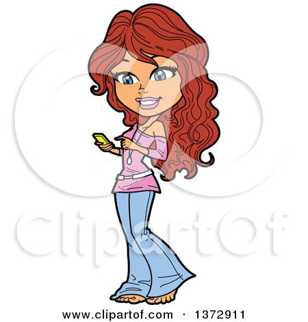 Clipart Of A Happy Brunette White Teenage Girl Texting on Her Phone - Royalty Free Vector Illustration by Clip Art Mascots
