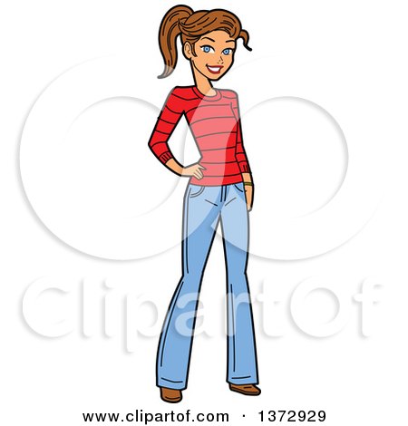 Clipart Of A Young Brunette White Woman Posing in Jeans - Royalty Free Vector Illustration by Clip Art Mascots