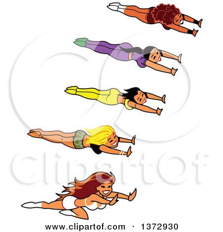 Clipart Of Female Super Heroes Flying - Royalty Free Vector Illustration by Clip Art Mascots