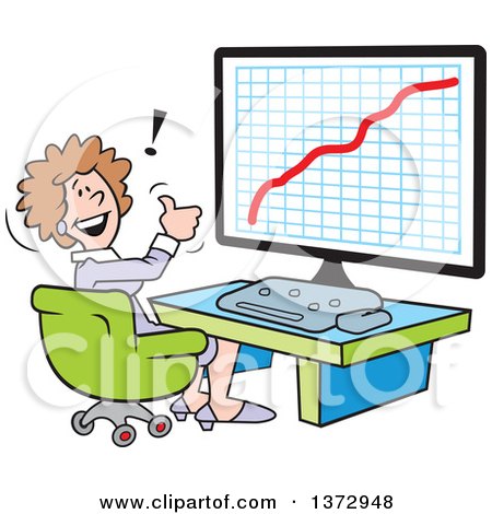 Clipart of a Cartoon Happy White Business Woman Giving a Thumb up and Sitting in Front of a Growth Graph on a Computer - Royalty Free Vector Illustration by Johnny Sajem