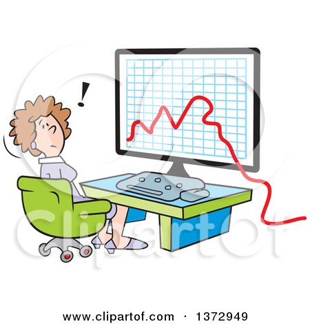 Clipart of a Cartoon Stressed White Business Woman Sitting in Front of a Declining Business Graph on a Computer - Royalty Free Vector Illustration by Johnny Sajem