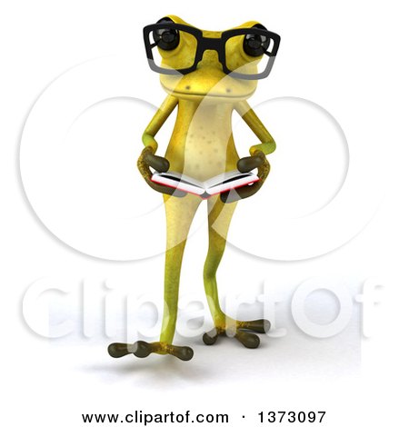 Clipart of a 3d Bespectacled Light Green Frog Reading a Book, on a White Background - Royalty Free Illustration by Julos