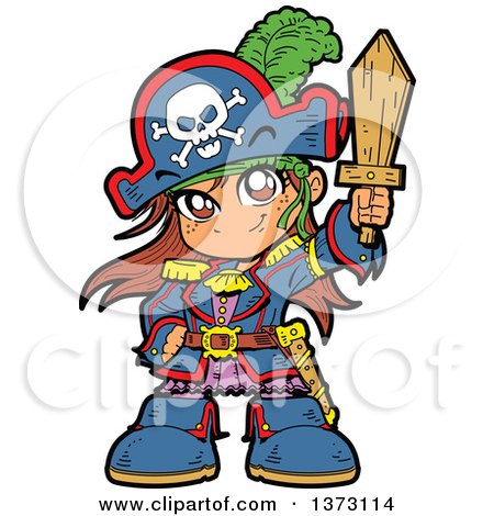 Clipart Of A Brunette White Pirate Girl Holding Up a Wooden Sword - Royalty Free Vector Illustration by Clip Art Mascots