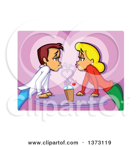 Clipart Of A Romantic White Couple Gazing at Each Other and Sharing a Chocolate Milkshake over a Heart - Royalty Free Vector Illustration by Clip Art Mascots