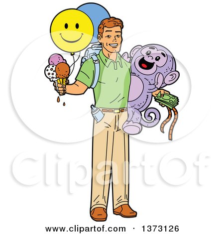 Clipart Of A Happy Casual Brunette White Father Holding Balloons, Ice Cream, Cash and Fairground winnings - Royalty Free Vector Illustration by Clip Art Mascots