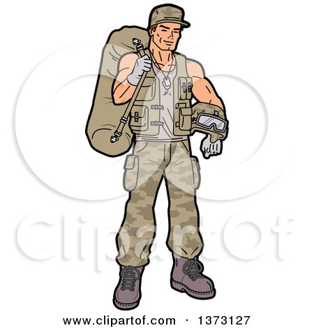 Clipart Of A Young White Male Soldier Carrying Gear - Royalty Free Vector Illustration by Clip Art Mascots