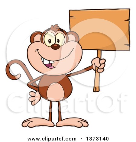 Cartoon Clipart of a Happy Monkey Mascot Holding a Blank Wooden Sign - Royalty Free Vector Illustration by Hit Toon