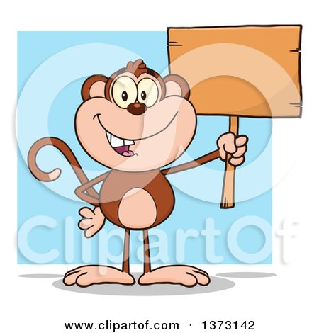 Cartoon Clipart of a Happy Monkey Mascot Holding a Blank Wooden Sign over a Blue Square - Royalty Free Vector Illustration by Hit Toon