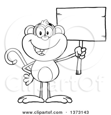 Cartoon Clipart of a Black and White Happy Monkey Mascot Holding a Blank Wooden Sign - Royalty Free Vector Illustration by Hit Toon