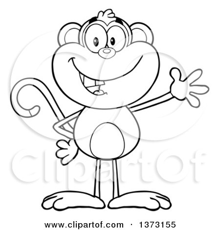 Cartoon Clipart of a Black and White Happy Monkey Mascot Waving - Royalty Free Vector Illustration by Hit Toon
