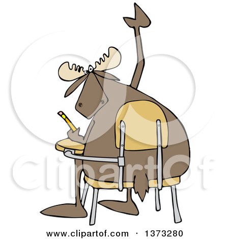 Clipart of a Cartoon Student Moose with a Question, Raising a Hoof at a Desk - Royalty Free Vector Illustration by djart