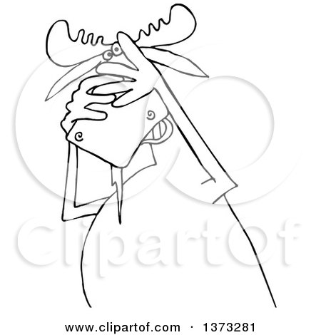 Clipart of a Cartoon Black and White Scared Moose Covering His Face - Royalty Free Vector Illustration by djart