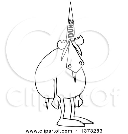 Clipart of a Cartoon Black and White Moose Wearing a Dunce Hat - Royalty Free Vector Illustration by djart