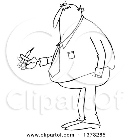 Clipart of a Cartoon Black and White Chubby Business Man Smoking a Cigarette - Royalty Free Vector Illustration by djart
