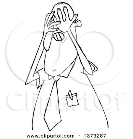 Clipart of a Cartoon Black and White Scared Business Man Covering His Face with His Hands - Royalty Free Vector Illustration by djart