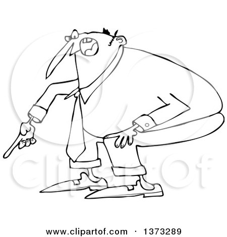Clipart of a Cartoon Black and White Angry Business Man Yelling and Pointing at the Ground - Royalty Free Vector Illustration by djart