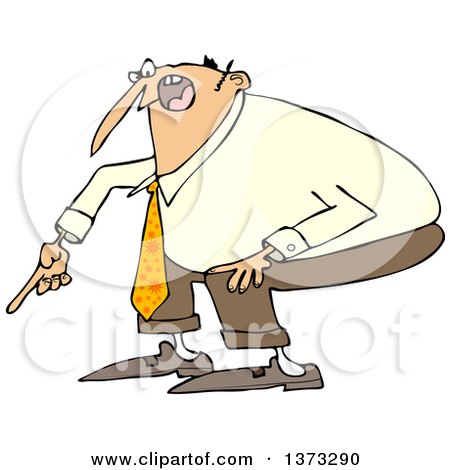 Clipart of a Cartoon Angry White Business Man Yelling and Pointing at the Ground - Royalty Free Vector Illustration by djart