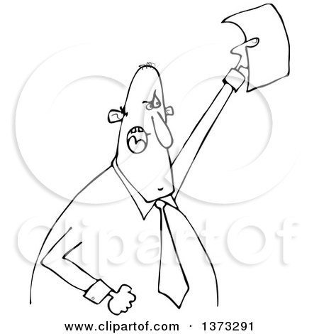 Clipart of a Cartoon Black and White Angry Business Man Shouting and Holding up a Document - Royalty Free Vector Illustration by djart