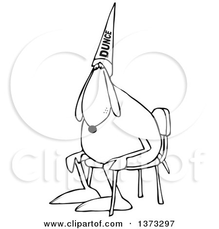 Clipart of a Cartoon Black and White Dog Wearing a Dunce Hat and Sitting in a Chair - Royalty Free Vector Illustration by djart