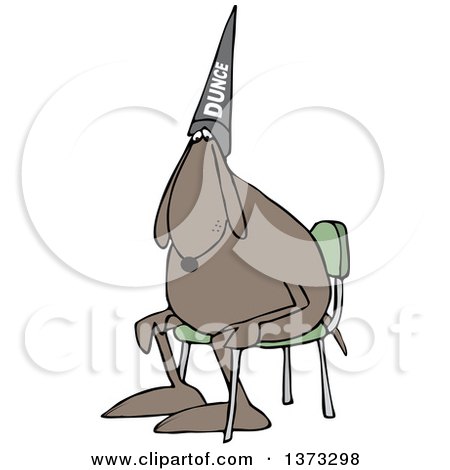 Clipart of a Cartoon Dog Wearing a Dunce Hat and Sitting in a Chair - Royalty Free Vector Illustration by djart