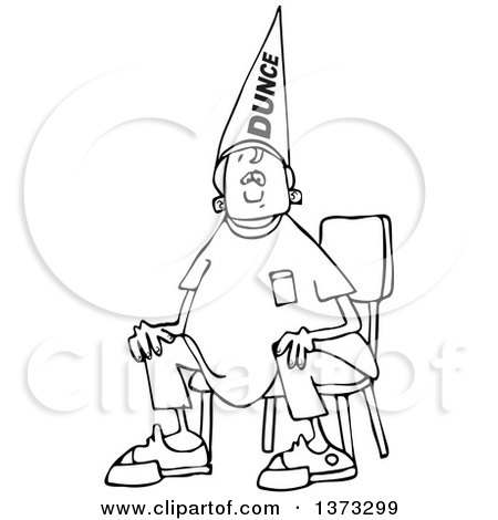 Clipart of a Cartoon Black and White Boy Wearing a Dunce Hat and Sitting in a Chair - Royalty Free Vector Illustration by djart