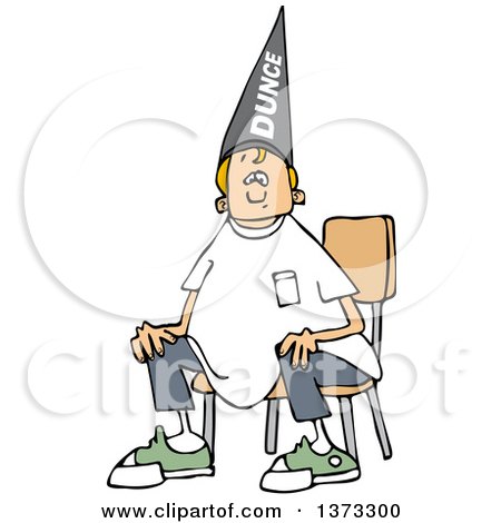 Clipart of a Cartoon Blond Caucasian Boy Wearing a Dunce Hat and Sitting in a Chair - Royalty Free Vector Illustration by djart