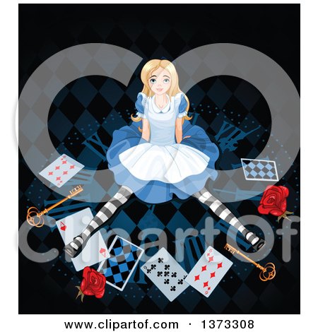 Clipart of Alice Sitting on a Clock with Roses, Keys and Playing Cards - Royalty Free Vector Illustration by Pushkin