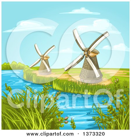 Clipart of a Creek or Stream with Windmills - Royalty Free Vector Illustration by merlinul