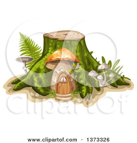Clipart of a Tree Stump with a Mushroom House and Ferns - Royalty Free Vector Illustration by merlinul