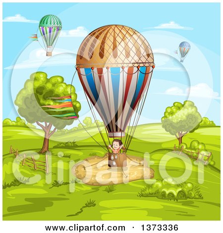 Clipart of a Girl in a Hot Air Balloon in a Rural Landscape - Royalty Free Vector Illustration by merlinul