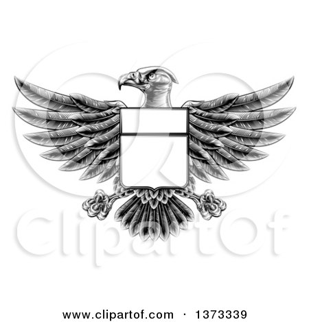Clipart of a Black and White Engraved or Woodcut Heraldic Coat of Arms American Bald Eagle with a Shield Body - Royalty Free Vector Illustration by AtStockIllustration