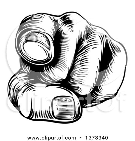 Clipart of a Black and White Retro Woodcut Hand Pointing Outwards - Royalty Free Vector Illustration by AtStockIllustration
