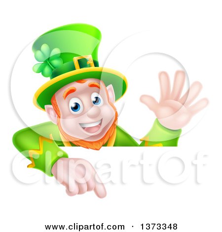 Clipart of a Cartoon Happy St Patricks Day Leprechaun Waving and Pointing down over a Sign - Royalty Free Vector Illustration by AtStockIllustration
