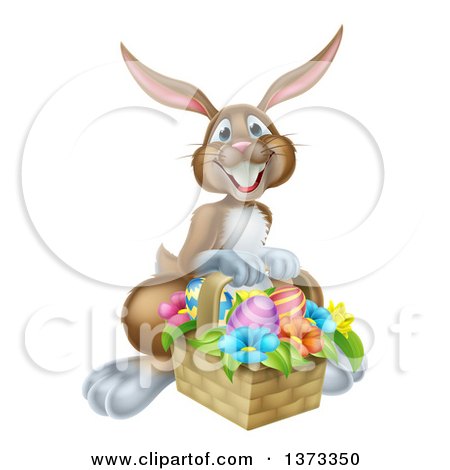 Clipart of a Happy Brown Easter Bunny with a Basket of Eggs and Flowers - Royalty Free Vector Illustration by AtStockIllustration