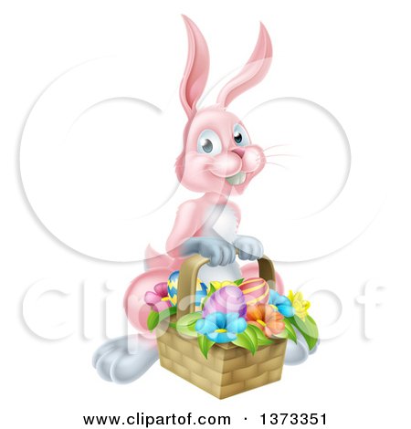 Clipart of a Happy Pink Easter Bunny with a Basket of Eggs and Flowers - Royalty Free Vector Illustration by AtStockIllustration
