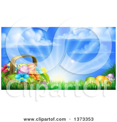 Clipart of a Basket of Easter Eggs and Flowers in Grass, Against a Sunny Sky - Royalty Free Vector Illustration by AtStockIllustration