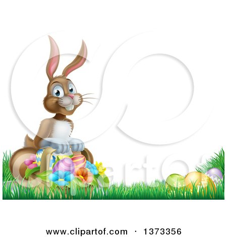Clipart of a Happy Brown Easter Bunny with a Basket of Eggs and Flowers in the Grass, with White Text Space - Royalty Free Vector Illustration by AtStockIllustration