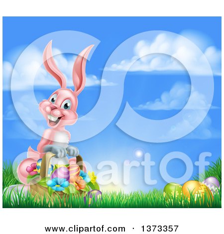 Clipart of a Happy Pink Easter Bunny with a Basket of Eggs and Flowers in the Grass, Against a Blue Sky - Royalty Free Vector Illustration by AtStockIllustration