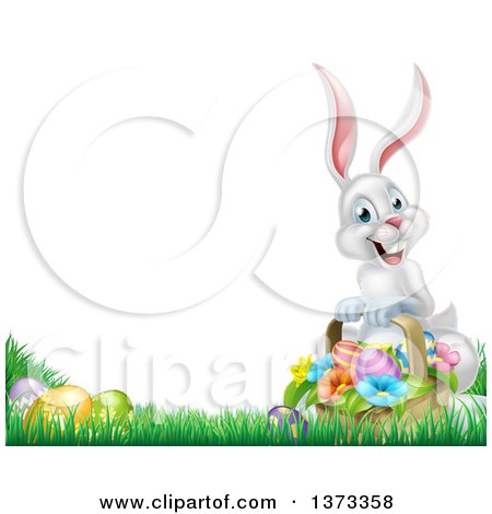Clipart of a Happy White Easter Bunny with a Basket of Eggs and Flowers in the Grass, with Text Space - Royalty Free Vector Illustration by AtStockIllustration