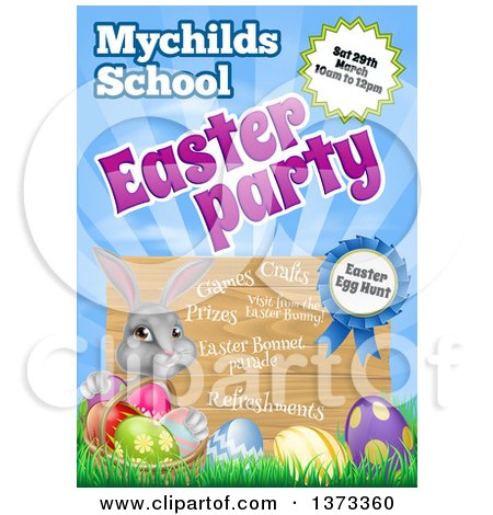 Clipart of a Gray Easter Bunny with Eggs in the Grass Under Party Text and a Sign - Royalty Free Vector Illustration by AtStockIllustration