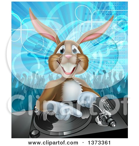 Clipart of a Happy Brown Bunny Rabbit Dj over a Turntable Against a Dance Floor - Royalty Free Vector Illustration by AtStockIllustration