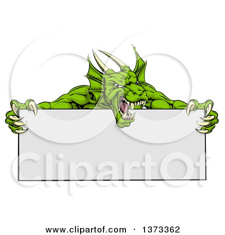 Clipart of a Roaring Green Horned Dragon Mascot Holding a Blank Sign - Royalty Free Vector Illustration by AtStockIllustration