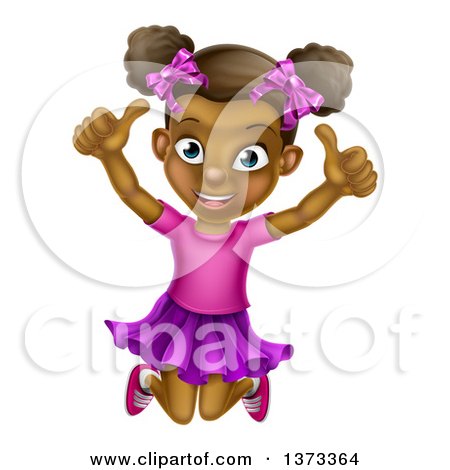 Clipart of a Cartoon Happy Excited Black Girl Jumping and Giving Two Thumbs up - Royalty Free Vector Illustration by AtStockIllustration