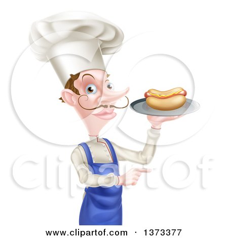 Clipart of a White Male Chef with a Curling Mustache, Holding a Hot Dog on a Platter and Pointing - Royalty Free Vector Illustration by AtStockIllustration
