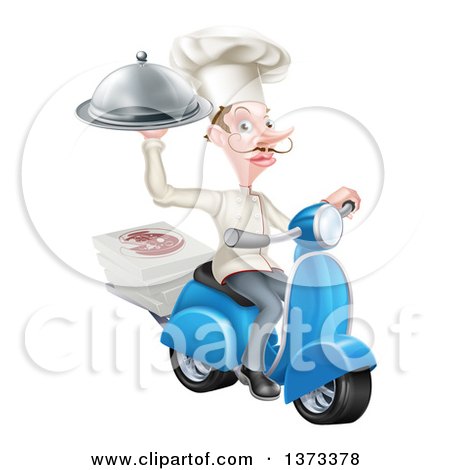 Clipart of a White Male Chef with a Curling Mustache, Holding a Cloche and Delivering Pizzas on a Scooter - Royalty Free Vector Illustration by AtStockIllustration