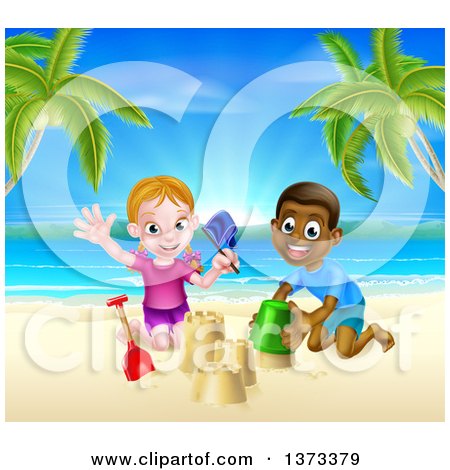 Clipart of a Happy White Girl and Black Boy Playing and Making Sand Castles on a Tropical Beach - Royalty Free Vector Illustration by AtStockIllustration