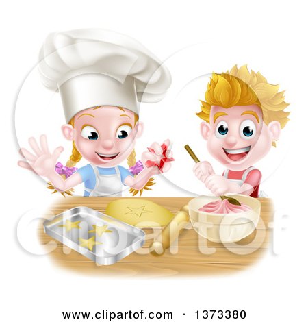 Clipart of a Cartoon Happy White Girl and Boy Making Frosting and Star Shaped Cookies - Royalty Free Vector Illustration by AtStockIllustration