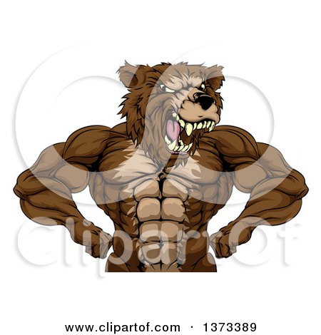 Clipart of a Fierce Buff Muscular Grizzly Bear Man Flexing His Muscles, from the Waist up - Royalty Free Vector Illustration by AtStockIllustration