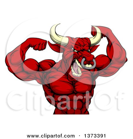 Clipart of a Muscular Red Bull Man Mascot Flexing, from the Waist up - Royalty Free Vector Illustration by AtStockIllustration