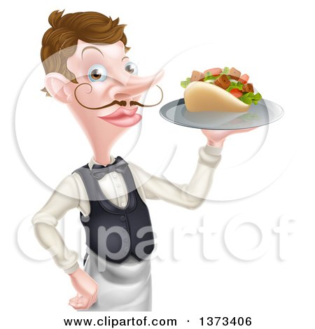 Clipart of a Cartoon Caucasian Male Waiter with a Curling Mustache, Holding a Kebab Sandwich on a Tray - Royalty Free Vector Illustration by AtStockIllustration
